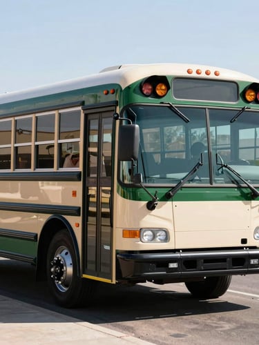 Modern, clean school bus parked on a paved lot, bright Arizona daylight, sharp focus, 35mm, showing operational readiness, stately institutional photography