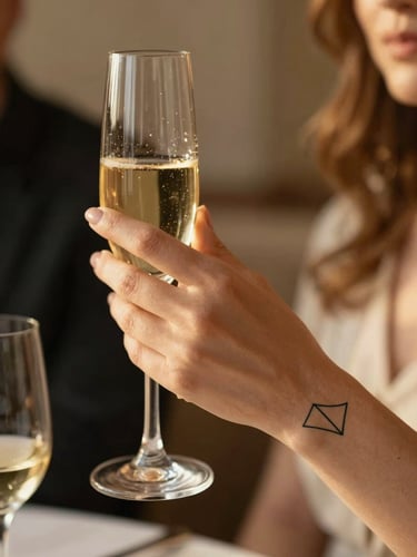 Close-up of a sophisticated guest holding a champagne glass, showing a delicate minimalist geometric tattoo on their wrist, warm golden hour lighting, elegant atmosphere.