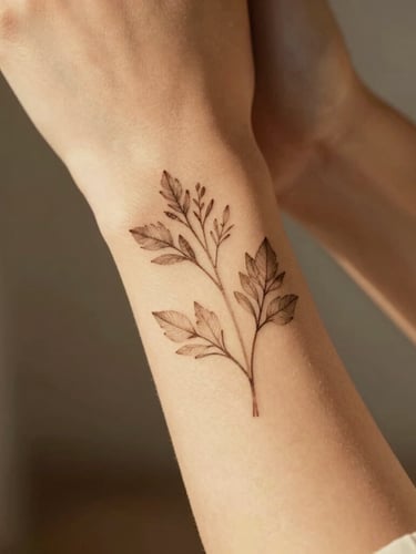 Close-up of a minimalist botanical temporary tattoo on a woman's wrist, soft golden hour light, elegant and refined lifestyle photography.