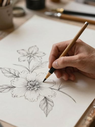Gros plan poétique d'un pinceau fin traçant un motif floral délicat sur l'intérieur d'un poignet, lumière dorée de fin d'après-midi, atmosphère d'atelier d'artiste parisien.