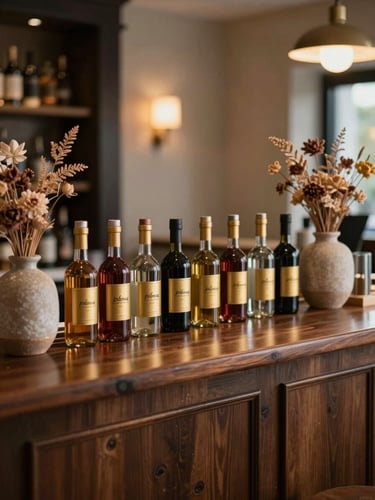 An elegant temporary tattoo bar setup at a corporate gala, dark wood counter, glass bottles with gold labels, dried flowers in ceramic vases, soft warm lighting.
