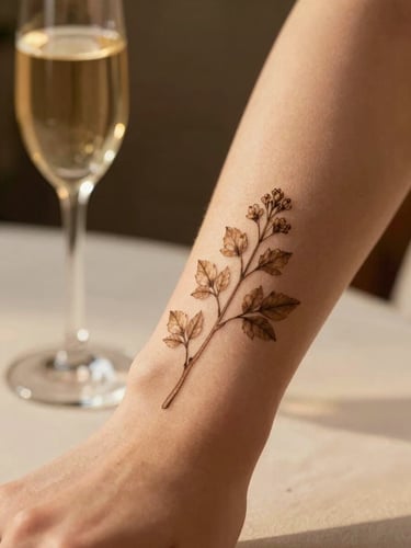 Close-up shot of a delicate botanical temporary tattoo on a woman's wrist, warm golden hour light, soft focus background with champagne glasses, elegant and sophisticated atmosphere.