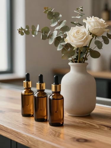 Close-up of a minimalist tattoo bar setup, delicate dried eucalyptus and white roses in a ceramic vase, amber glass bottles with gold dropper caps on a raw oak table, soft natural morning light