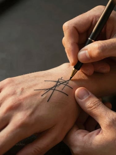 Gros plan poétique et lumineux d'un poignet délicat sur lequel un artiste applique un tatouage temporaire aux lignes fines et géométriques, lumière dorée de fin d'après-midi.