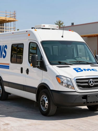 A clean, professional mobile drug testing vehicle parked at a sunny Denver construction site, crisp commercial photography, bright natural daylight, sharp focus, 35mm