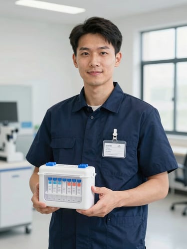 A professional male technician in a clean navy blue uniform with a name badge, holding a secure sample collection kit, bright neutral indoor lighting, sharp focus, 35mm