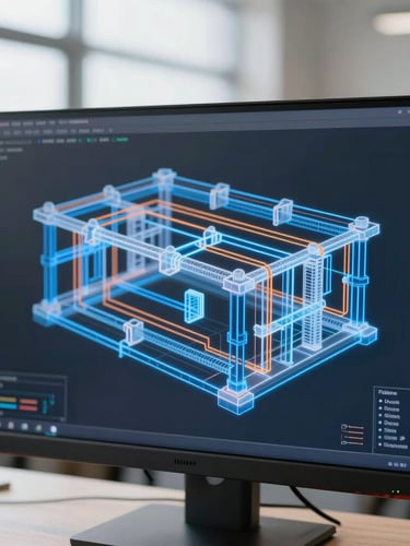 Close-up of a 3D structural and piping model on a high-end monitor, glowing blue and orange lines, clean technical workspace, bright natural daylight, 35mm lens