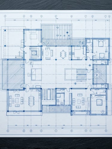 Zenith view of a clean technical blueprint layout on a dark slate desk, sharp lines, blue ink accents, bright natural daylight, high-contrast cool tones, 35mm lens