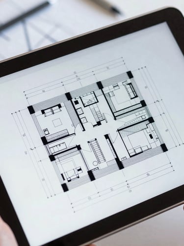 Close-up of a high-contrast digital structural blueprint on a tablet screen held by an engineer on site, sharp focus, technical details