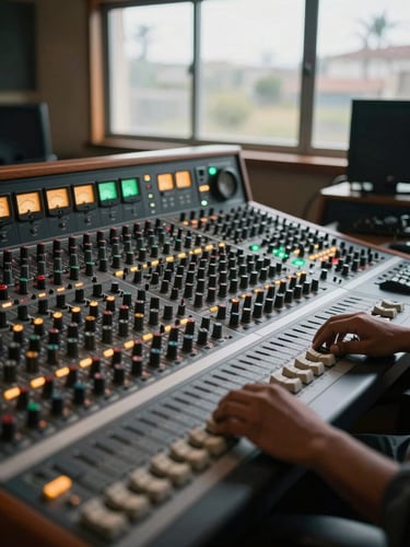 Wide environmental shot inside a mixing suite, hands resting on a large-format mixing board in the foreground, LED meters glowing amber and green, north-facing daylight from a high window cutting across the top of the frame, Addis Ababa studio, cinematic portrait aspect