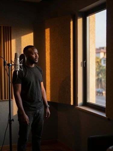 Close environmental shot of the Yegof studio interior in Addis Ababa, a voice actor mid-take at a microphone in the left third, warm practical lamp light spilling across acoustic panels, a window at the far right showing golden Addis Ababa afternoon light, deep shadow framing the edges
