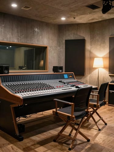 Wide environmental interior of an Addis Ababa recording studio, late-afternoon north-facing daylight falling across a worn mixing console and empty director's chair, warm practical lamp glowing in the background right corner, the room's textured concrete walls and acoustic panels visible, no people present — the space itself as subject