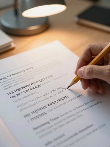 Close-up of a hand holding a pencil annotating a script page, Amharic text visible beside English dialogue lines, warm north-facing daylight mixing with a practical desk lamp, shallow depth of field, the paper texture sharp in the foreground