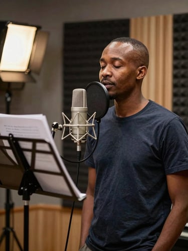 Medium environmental shot of a voice actor mid-take at a studio microphone in a softly lit Addis Ababa recording booth, eyes closed in concentration, a marked-up bilingual script visible on a music stand to the left, warm practical light from a side lamp, acoustic foam panels behind, no direct eye contact with camera
