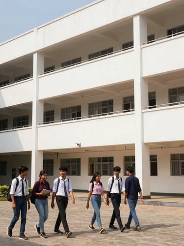 Bright academic photography of the Matra Bhumi campus building exterior in natural daylight, clean architectural lines, students walking in the courtyard, 35mm