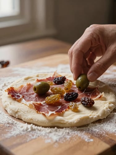 Hands gently placing olives and raisins onto raw Pan de Jamón dough on a wooden board, dusted with flour, low-key directional side-lighting, warm earthy tones, macro depth of field, 35mm