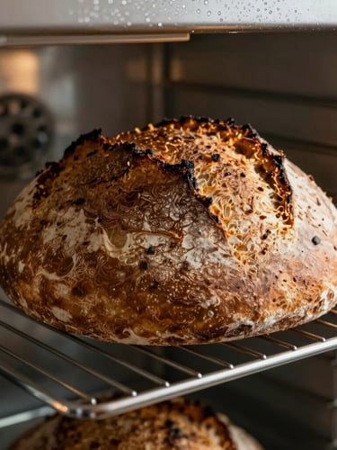 Primer plano de masa de pan de masa madre en un banneton, levantándose lentamente en un refrigerador de acero inoxidable, con condensación y luz ambiental suave.