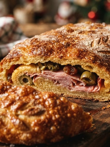 Close-up macro shot of a freshly baked Pan de Jamón, golden-brown crust, slightly blistered, with a glimpse of ham and olives inside, dramatic window side-light, rich earthy tones, festive atmosphere, 35mm