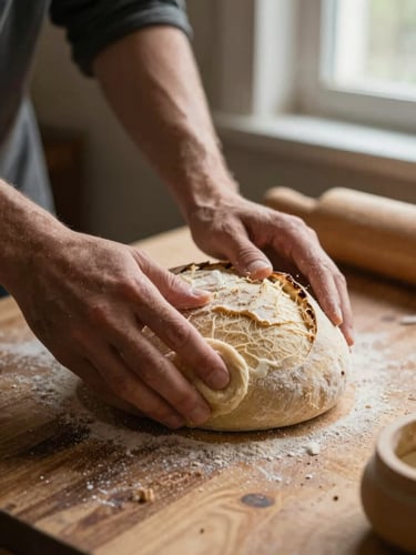 Manos enharinadas amasando suavemente masa de pan sobre una superficie de madera rústica, con luz natural de ventana.