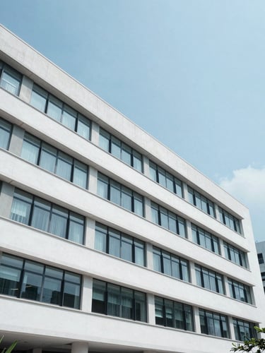 A clean architectural perspective of the Hong Kong Polytechnic University campus, bright daylight, cool blue tones, professional academic setting