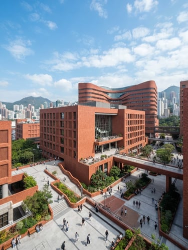 Bright architectural perspective of the Hong Kong Polytechnic University campus, red brick buildings, natural daylight, cool blue sky, professional academic setting