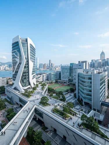 Wide-angle architectural view of the Hong Kong Polytechnic University campus, clean daylight, cool blue and white tones