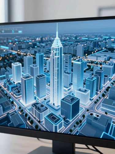 Close-up of a digital twin 3D city model displayed on a professional monitor, glowing lines, clean technical setting, cool blue tones