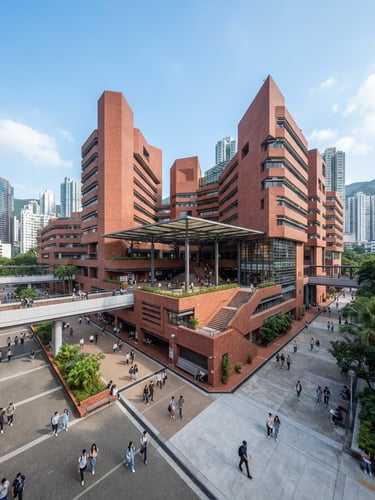 A wide architectural photograph of the iconic red-brick campus of The Hong Kong Polytechnic University under bright natural daylight, clean lines, professional academic setting, cool blue tones.