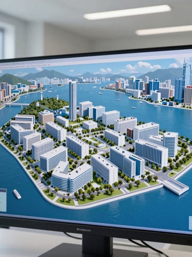 Close-up of a high-resolution 3D digital twin model of Hong Kong island displayed on a large professional monitor in a bright university laboratory, natural daylight.