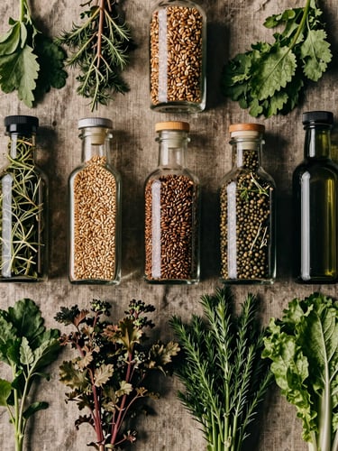 Extreme close-up overhead flat-lay of grouped organic product varieties — whole herbs, raw grains, glass condiment bottles, and fresh produce arranged on a rough linen surface under studio strobe lighting, rich earthy tones, deep shadows, no text or labels visible, emphasis on texture and certified organic quality