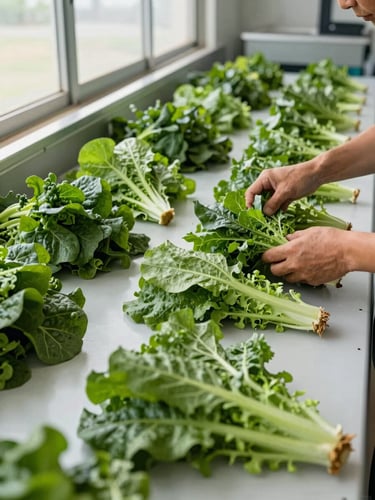 Wide overhead shot of a worker's hands sorting freshly harvested leafy greens on a clean sorting table inside a packing facility, natural overcast daylight streaming from high windows, rich dark green leaves against pale surface, emphasis on the organized system of inspection rather than the person