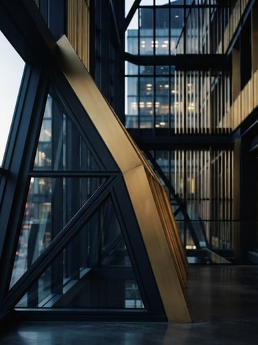 Moody corporate photography of abstract geometric architectural lines, dark navy and warm gold tones, soft window light, 35mm