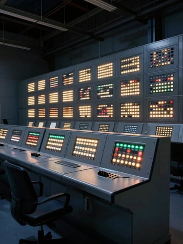 A massive, clean industrial control room with rows of glowing LED indicators and steel control panels, dramatic architectural lighting, deep navy shadows, sharp focus, wide environmental framing.
