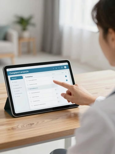 Over shoulder shot of a consultant pointing to a digital compliance interface on a tablet screen, clean modern care home interior background, sharp focus