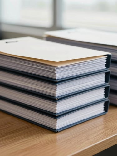 Close-up of organized navy compliance folders stacked neatly on a wooden desk, bright natural overcast daylight, desaturated tones