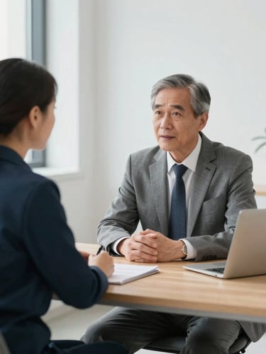 Quiet consultation between a senior compliance advisor and a care manager in a bright, modern professional workspace