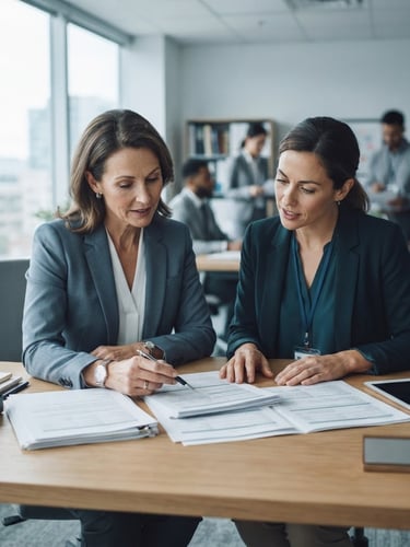 Medium shot of an advisor in a crisp slate suit reviewing paper documents with a care manager, professional workspace, bright daylight, desaturated cool tones