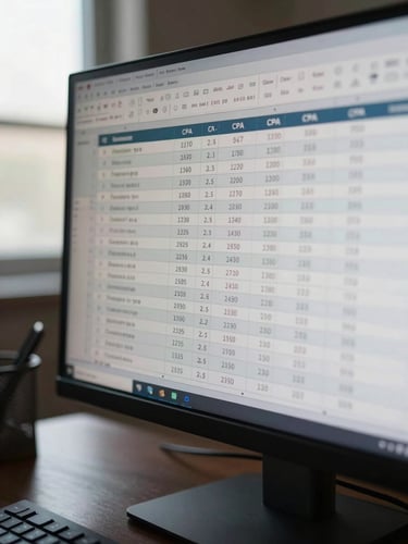 Extreme close-up of a spreadsheet on a second monitor showing before-and-after CPA columns with cell formulas visible, cool daylight from a window at left, dark desk surface below, numbers sharp and readable
