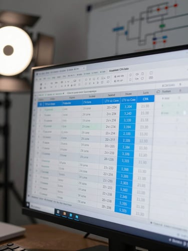 Extreme close-up of a second monitor displaying a live spreadsheet with acquisition cost formulas, electric blue highlighted cells showing LTV-to-CPA ratio columns, cool studio strobe light from the left casting sharp contrast across the screen glass, a whiteboarded flowchart blurred in the background