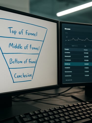 Close-up of a dual-monitor founder workstation, left screen filled with a dense acquisition funnel diagram annotated in blue marker lines, right screen showing a live ad-spend dashboard with cost-per-acquisition rows highlighted, cool office fluorescent light raking across the screens, cables and a mechanical keyboard visible at the bottom edge, no people