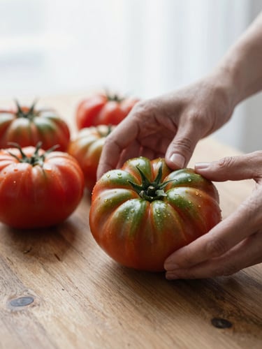 Close-up of hands arranging fresh heirloom tomatoes on a rustic wooden table, soft Scandinavian overcast daylight, shallow depth of field, 35mm