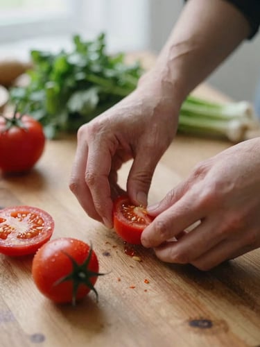 Close-up of hands prepping fresh ingredients on a rustic wooden table, soft Scandinavian overcast daylight, rich crimson tones, shallow depth of field, 35mm