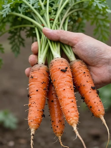 Close-up of freshly harvested heirloom carrots with damp soil on them, held by farmer's hands, soft Scandinavian overcast daylight, shallow depth of field, 35mm