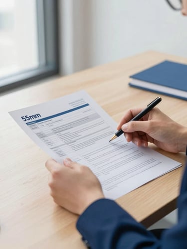 A bright professional office setting with natural window light, hands reviewing Australian tax documents on a clean wooden desk, 35mm