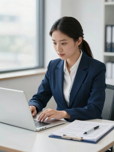 A professional tax advisor reviewing spreadsheets on a clean laptop screen in a bright office with soft natural daylight and subtle deep blue accents.