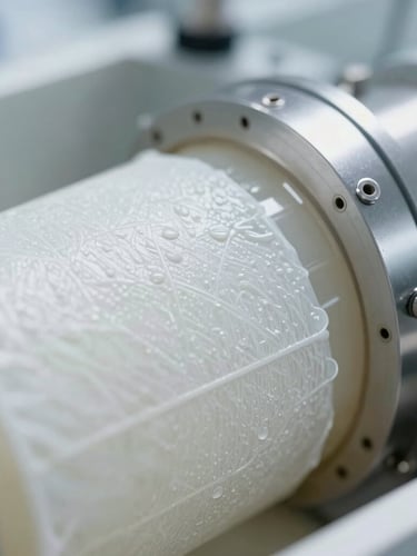 Extreme close-up macro shot of a clean, sterile biomethane filtration membrane, bright clinical white laboratory lighting, high-precision technical engineering details.