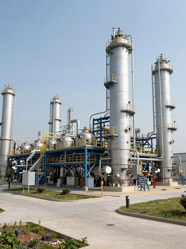 Wide architectural shot of a sprawling, clinical-white biomethane refinery under bright daylight, clean concrete pathways, sterile industrial towers, high-precision engineering.