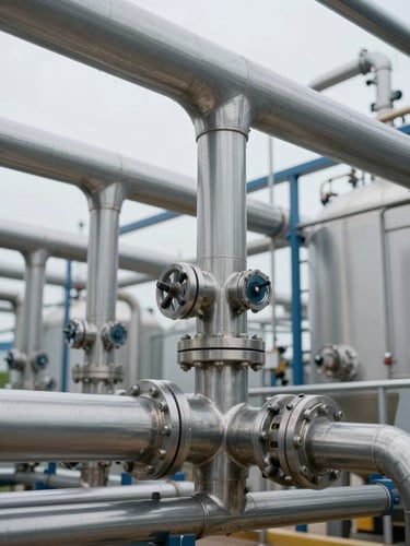 A macro architectural shot of a high-tech biomethane plant, clean steel pipes, clinical white daylight, ultra-clean engineering facility