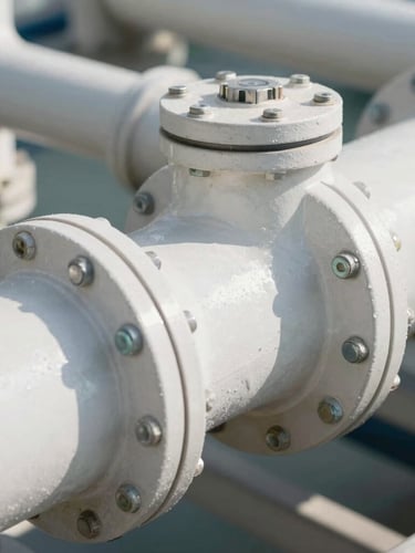 Macro architectural detail of a clinical carbon capture intake manifold, sterile white metal tubes, precise bolts, bright clinical daylight, crisp shadows