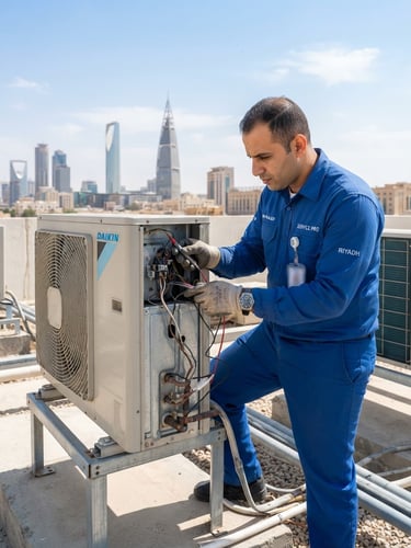 Crisp commercial photography of a professional technician in a clean blue uniform inspecting an outdoor AC compressor unit in bright Riyadh daylight, 35mm, sharp focus